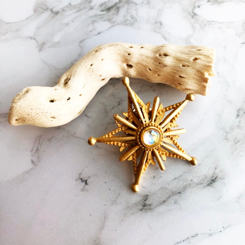 Vintage Gold Star Brooch Pin with Moonstone